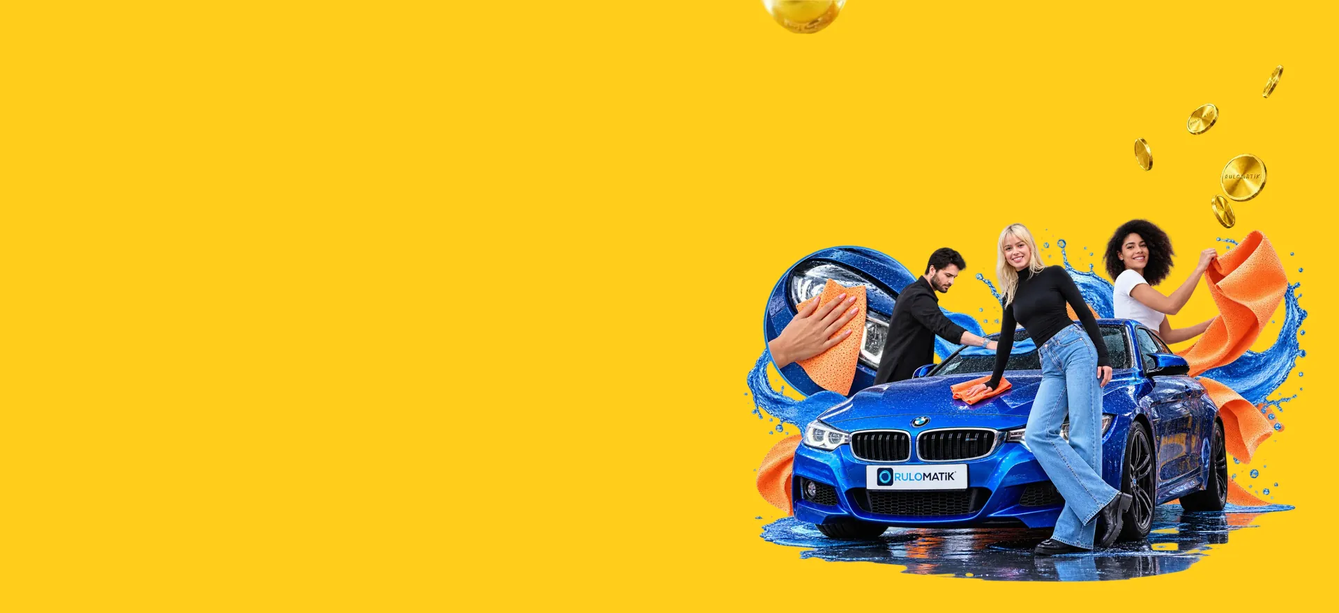 A blue car being dried with orange Rulomatik microfiber car drying towels